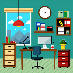 Vector Illustration: Office Workplace Concept - Where Ideas Flourish and Collaboration Thrives