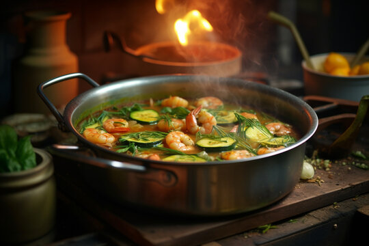 A pot with zucchini ,Saffron and shrimp on the kitchen stovetop