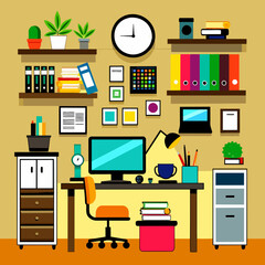 Vector Illustration: Office Workplace Concept - Where Ideas Flourish and Collaboration Thrives