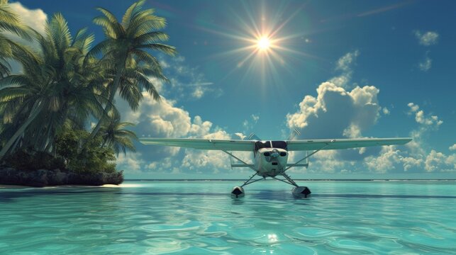 Seaplane at nature travel tropic island background. Local air taxi