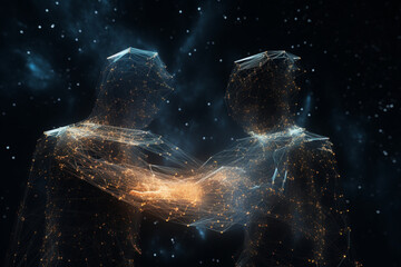 Abstract 3D render of wavy thin wires and particles forming two human figures