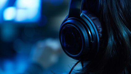 Fototapeta na wymiar Close up view of a female gamer playing online video games with headphones