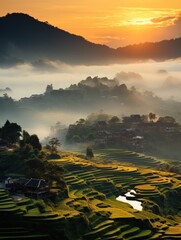 Sunlight illuminating terraced rice fields in a misty mountain village at dawn