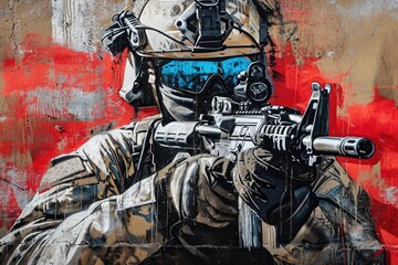 This photo captures a painting depicting a soldier holding a gun, showcasing military artistry, Graffiti style representation of Special Forces soldier in urban combat, AI Generated