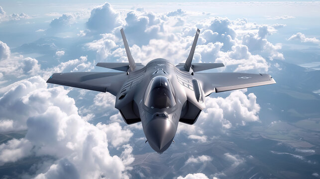 modern fifth generation combat air fighter jet in sky, advanced stealth military aircraft flying