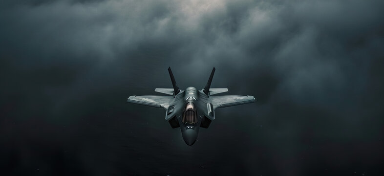 modern fifth generation combat air fighter jet in sky, advanced stealth military aircraft flying