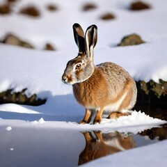 Obraz premium UK, Scotland, Mountain Hare hiding in snow 
