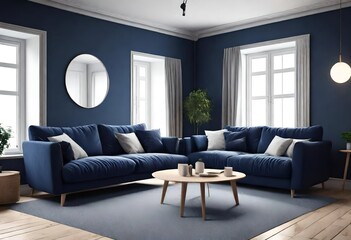 Dark blue sofa and recliner chair in scandinavian apartment. Interior design of modern living room. AI generated