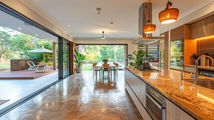 Bulk head inside a modern kitchen with stone bench interior design