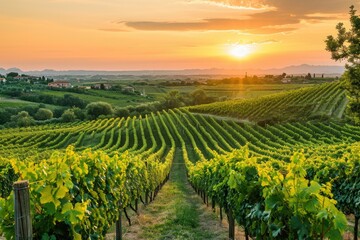A scenic photo capturing the sun setting over a vineyard, with rows of grapevines in the...