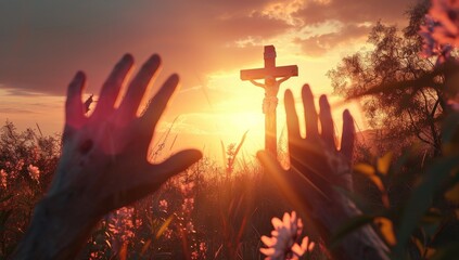 Silhouette of hands on the background of the cross and sunset