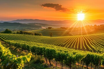 The sun casts a warm golden glow as it sets over the lush vineyard in Napa Valley, California,...