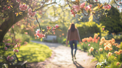 A woman enjoying a leisurely walk in a park admiring the spring blooms and soaking up the sunshine - obrazy, fototapety, plakaty