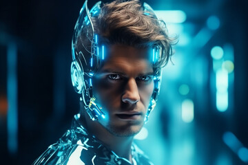 Futuristic portrait of a male in neon holograms, android cyborg as a concept of nearest future technologies. Innovative robotics and Artificial Intelligence in daily life - Powered by Adobe