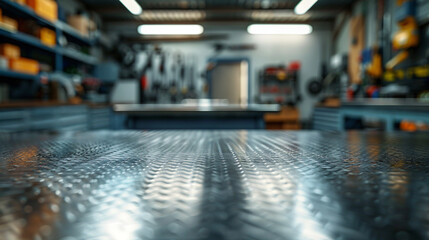 A metal blank tabletop with blurred automotive tools and parts in the background suitable for promoting automotive products