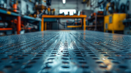 A metal blank tabletop with blurred automotive tools and parts in the background suitable for promoting automotive products