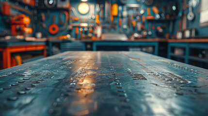 A metal blank tabletop with blurred automotive tools and parts in the background suitable for promoting automotive products - Powered by Adobe