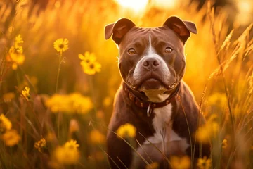Photo sur Aluminium Prairie, marais Staffordshire bull terrier dog sitting in meadow field surrounded by vibrant wildflowers and grass on sunny day ai generated
