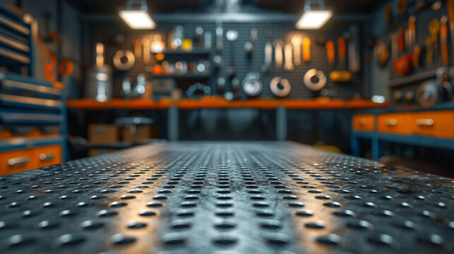 A metal blank tabletop with blurred automotive tools and parts in the background suitable for promoting automotive products