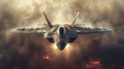 modern fifth generation combat air fighter jet in sky, advanced stealth military aircraft flying
