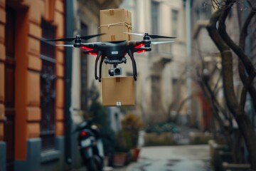 Smart package Drone Delivery e governance. Box shipping mobility trends parcel v2i communication transportation. Logistic tech smartwatches mobility smart job creation - obrazy, fototapety, plakaty