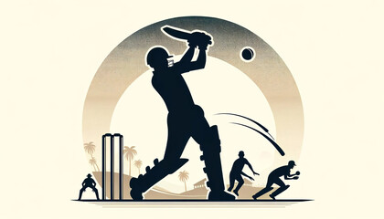 A stylized silhouette of a cricket batsman playing a shot with fielders in position, set against a tropical backdrop with palm trees and a setting sun.Sport concept.AI generated.