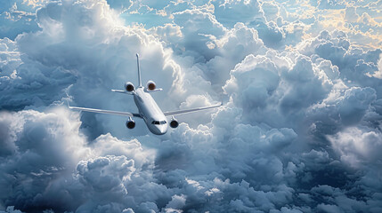 a large jetliner flying through a cloudy sky - obrazy, fototapety, plakaty