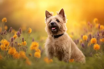 Crédence de cuisine en verre imprimé Prairie, marais Cairn terrier dog sitting in meadow field surrounded by vibrant wildflowers and grass on sunny day ai generated