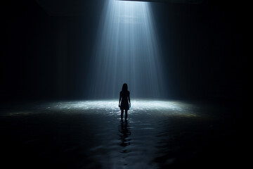 In absolute darkness at night, a girl up to her waist in water goes to a shining rectangle of light in the depths  - obrazy, fototapety, plakaty