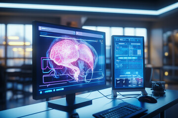 Fototapeta premium In modern Neurological Research Laboratory. EEG animation on monitor screen