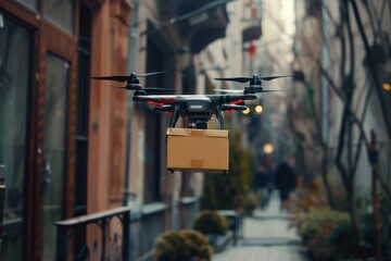 Smart package Drone Delivery tech infrastructure. Box shipping reefer freight parcel urban life transportation. Logistic tech maas mobility prescription drone delivery