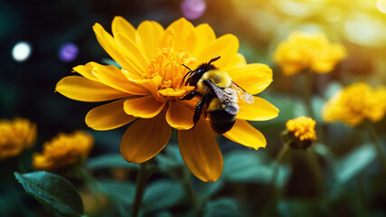 Beautiful flower Yellow stands out HD in a mystical world and a most beautiful HD bumble bee only...