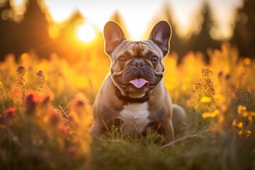 French bulldog dog sitting in meadow field surrounded by vibrant wildflowers and grass on sunny day ai generated