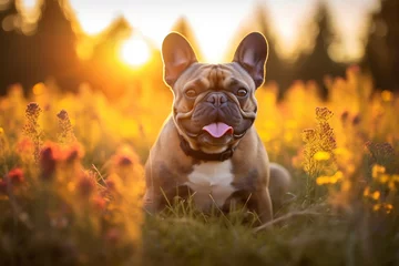 Papier Peint photo Prairie, marais French bulldog dog sitting in meadow field surrounded by vibrant wildflowers and grass on sunny day ai generated