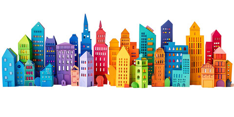 Paper Cut Style of colorful buildings and cities on transparent background PNG