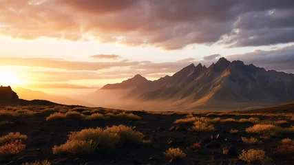 Foto op Aluminium Black rock mountains landscape paradise with sunset light © PixelBook