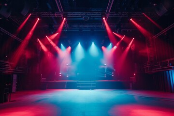A Live stage production overhead trusses and lighting in a live venue. Stage rigging equipment. hand edited generative AI. - obrazy, fototapety, plakaty