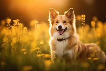 Papier Peint photo Prairie, marais Icelandic sheepdog sitting in meadow field surrounded by vibrant wildflowers and grass on sunny day ai generated