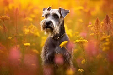Papier Peint photo Prairie, marais Standard schnauzer dog sitting in meadow field surrounded by vibrant wildflowers and grass on sunny day ai generated