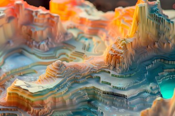 a colorful illuminated resin miniature topographical map of a desert environment