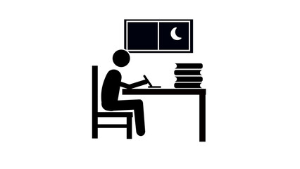 Person working late at night on a laptop with a window showing the moon in the background.