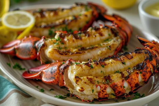 The image showcases a plate containing grilled lobsters accompanied by lemon wedges, presenting a delectable seafood dish, Grilled Maine lobster tails with drawn lemon butter, AI Generated