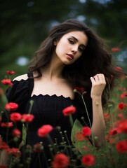 Naklejka premium A woman standing in the middle of a bright poppy field looks around and enjoys the colorful blooming landscape.