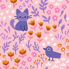 Cute vector seamless pattern with cute animals and floral elements. Cartoon beautiful background.