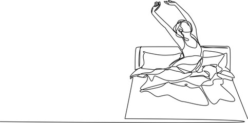 continuous single line drawing of woman stretching in bed after waking up, line art vector illustration - obrazy, fototapety, plakaty