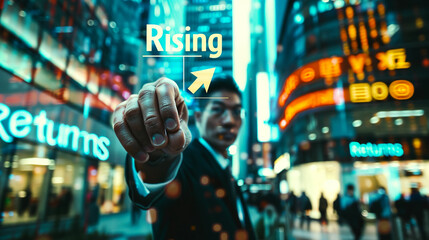a man in a suit pointing to a rising arrow - obrazy, fototapety, plakaty