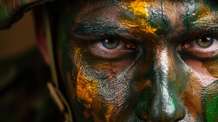 portrait of soldier man in paint camouflage, face of male warrior dye painted