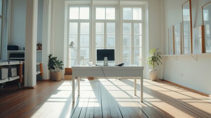Sunny Home Office with a Minimalist Setup,white desk in the middle of a bright room and City View