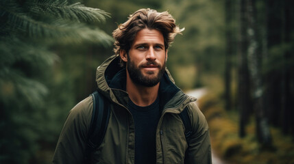 portrait of attractive young man hiking in nature - obrazy, fototapety, plakaty