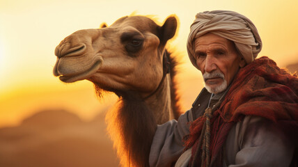 man with turban and camel in the desert. nomad lifestyle